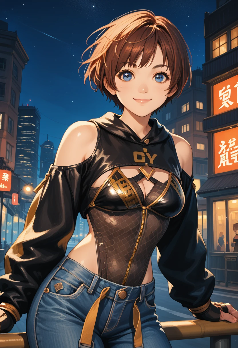 score_9, score_8_up, score_7_up, score_6_up, source_anime, 1girl, solo, sblily, brown hair, short hair, blue eyes, leotard, cleavage,jeans, black sleeves, clothing cutout, bare shoulders, long sleeves, fingerless gloves, smile, happy, closed mouth, looking at you, medium breasts, city, night sky,