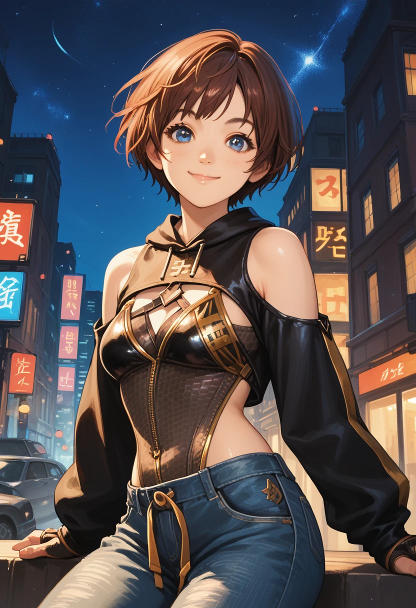 score_9, score_8_up, score_7_up, score_6_up, source_anime, 1girl, solo, sblily, brown hair, short hair, blue eyes, leotard, cleavage,jeans, black sleeves, clothing cutout, bare shoulders, long sleeves, fingerless gloves, smile, happy, closed mouth, looking at you, medium breasts, city, night sky, 