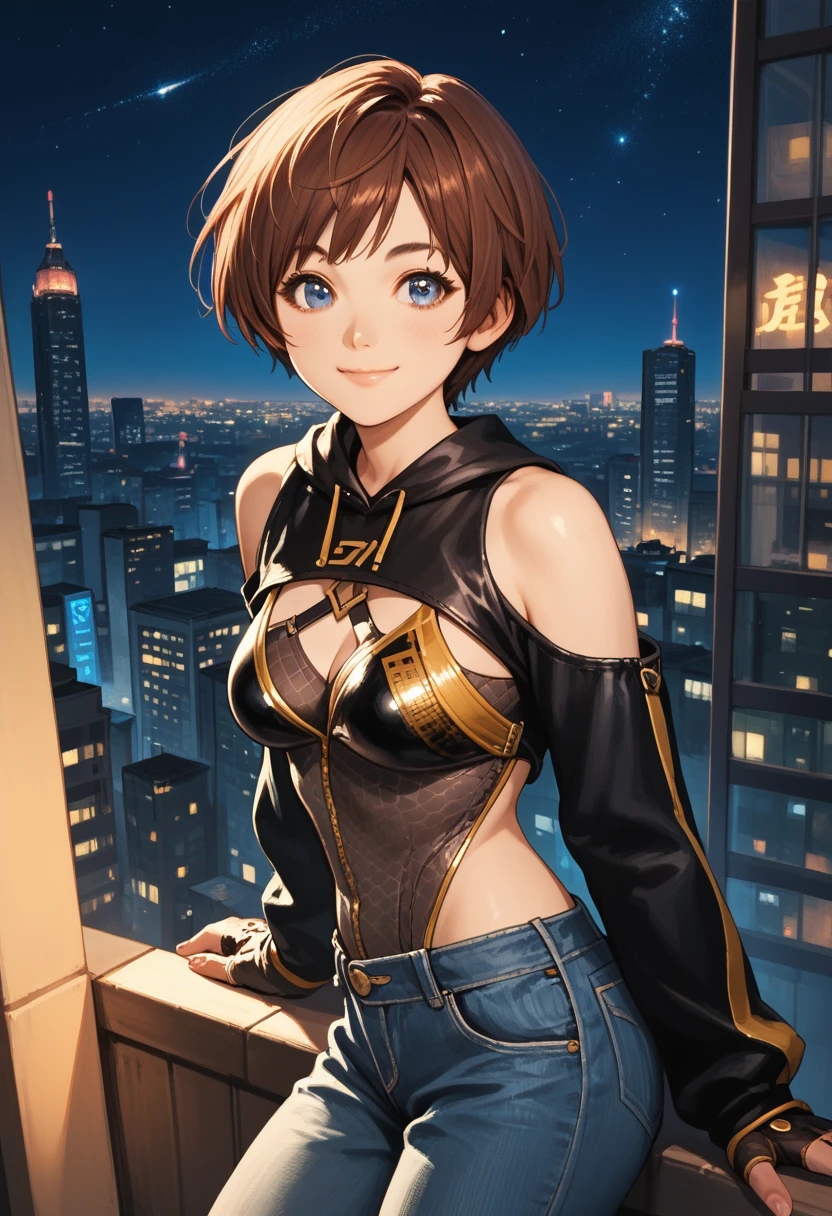 score_9, score_8_up, score_7_up, score_6_up, source_anime, 1girl, solo, sblily, brown hair, short hair, blue eyes, leotard, cleavage,jeans, black sleeves, clothing cutout, bare shoulders, long sleeves, fingerless gloves, smile, happy, closed mouth, looking at you, medium breasts, city, night sky, 