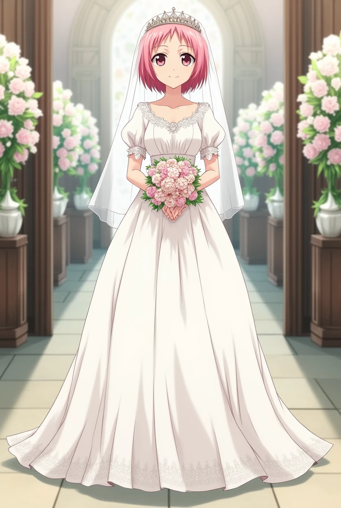 Sakura haruno, ((solo)), alone, bride, wearing a white wedding dress, queen, happy, ((forehead to show)), standing, entering the church, pink hair, short hair, delicate, young, short hair, detailed face, high definition, ((full body)), (flowers around her), full body, she is a beautiful woman getting married, face with high quality, beautiful, radiant