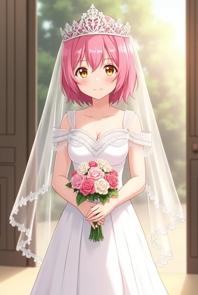 Sakura haruno, ((solo)), alone, bride, wearing a white wedding dress, queen, happy, ((forehead to show)), standing, entering the church, pink hair, short hair, delicate, young, short hair, detailed face, high definition, ((full body)), (flowers around her), full body, she is a beautiful woman getting married, face with high quality, beautiful, radiant