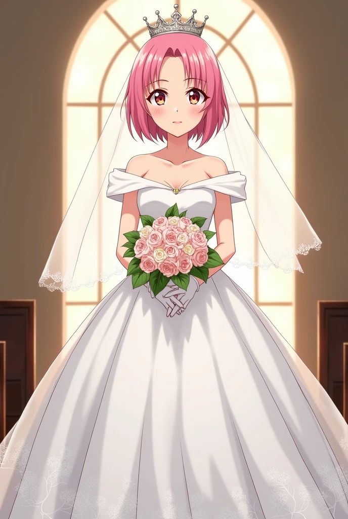 Sakura haruno, ((solo)), alone, bride, wearing a white wedding dress, queen, happy, ((forehead to show)), standing, entering the church, pink hair, short hair, delicate, young, short hair, detailed face, high definition, ((full body)), (flowers around her), full body, she is a beautiful woman getting married, face with high quality, beautiful, radiant
