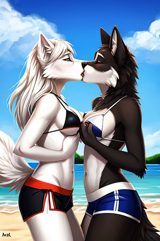 White wolf and black wolf bikini wearing short beach shorts kissing