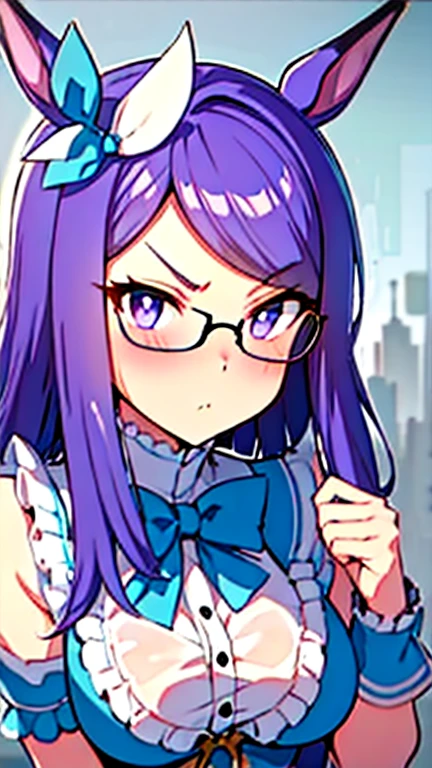 masterpiece, best quality, masterpiece, best quality, {{{blue magical girl,frilled leotard}}},full-face blush,angry,{glasses},40years old, dynamic pose,gigantic breasts,slender,city, medium hair, hair slicked back