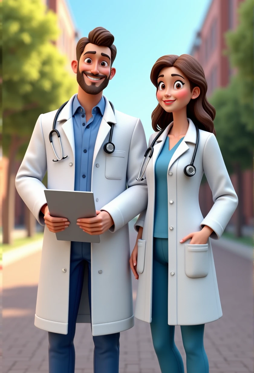 Cartoon Character Couple Of adult Doctors Wearing Lab Coat with tethoscope In A College and Raises the flag of Britain in hands at head level , an animated character, stylized character, animation style rendering, 3d stylized, , 3 d render stylized, toon render keyshot, 3d character, 3d character, 3d rendering stylized, 3 d character render, cartoon character, Personagem de close up, character posing, (Pixar-style) (bokeh) (best qualityer) (skin detailed) (detailed texture) (8k) (Argilla) (Cinematic lighting) (sharp focus,Sit down and lift your upper body