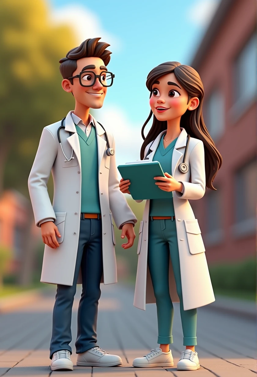 Cartoon Character Couple Of adult Doctors Wearing Lab Coat with tethoscope In A College and Raises the flag of Britain in hands at head level , an animated character, stylized character, animation style rendering, 3d stylized, , 3 d render stylized, toon render keyshot, 3d character, 3d character, 3d rendering stylized, 3 d character render, cartoon character, Personagem de close up, character posing, (Pixar-style) (bokeh) (best qualityer) (skin detailed) (detailed texture) (8k) (Argilla) (Cinematic lighting) (sharp focus,Sit down and lift your upper body