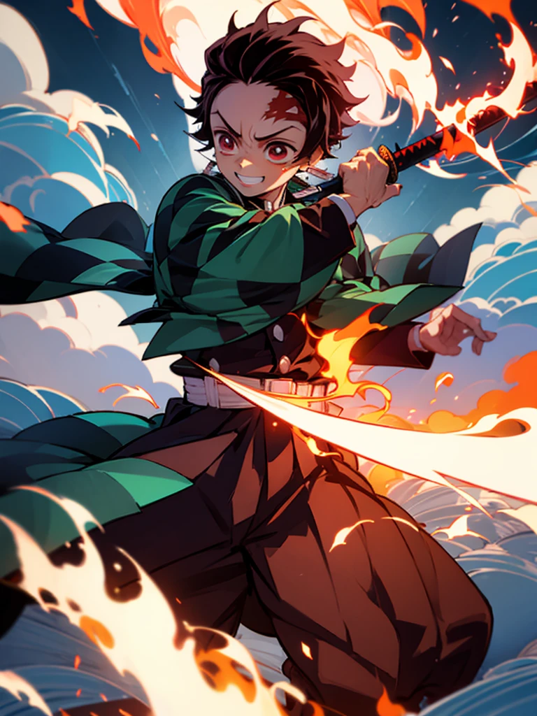 Boy (Tanjiro) using sword, fire coming from sword, happy look, 