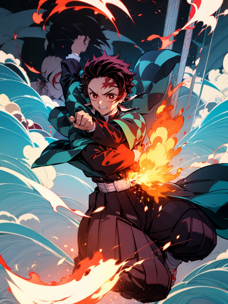 Boy (Tanjiro) using sword, fire coming from sword, happy look,