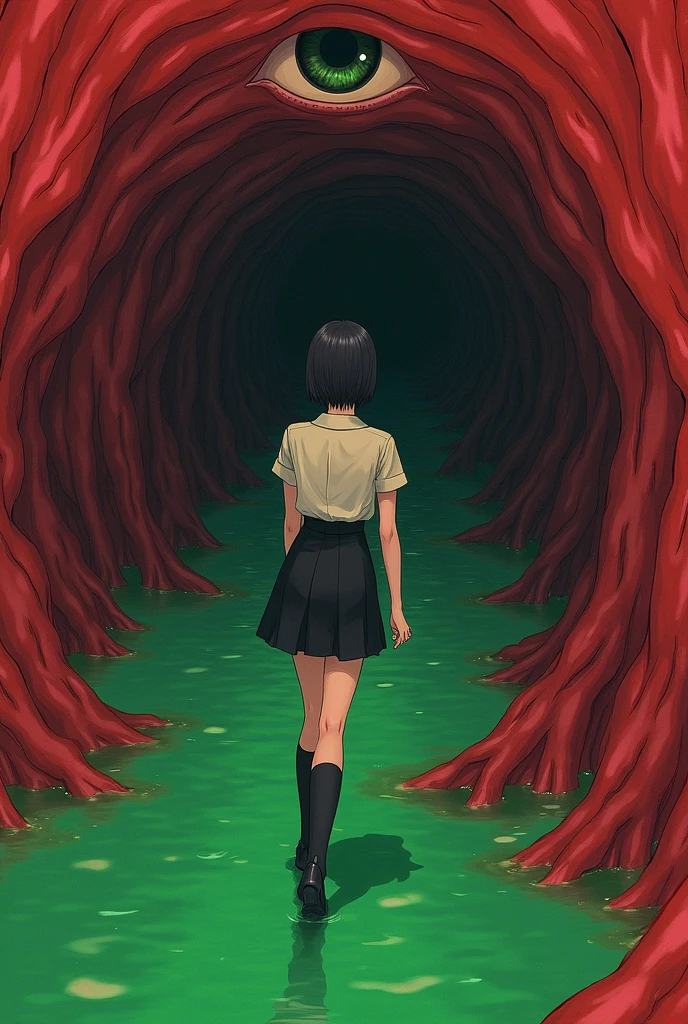 In a very narrow circular cave, The cave walls were made of wavy red jelly with vein-like patterns. , There is a large eye on the ceiling of the cave. , Green oil that floods the cave :: There was a young Japanese woman with short black hair and wearing an office uniform. Wear a short skirt Wear long black socks, She curled up like a fetus.