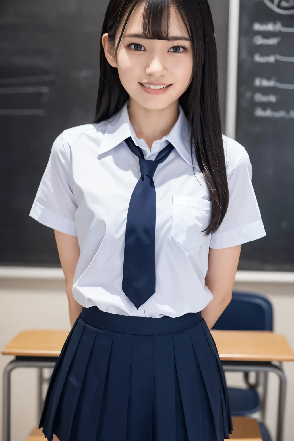 (Highest quality、Tabletop、8k、Best image quality、Award-winning works)、Cute school girl、(White polyester collared shirt:1.1)、(Navy Pleated Skirt:1.1)、Girl portrait photography、Glowing Skin、Standing Elegantly、(Perfectly blurred school classroom background:1.1)、(Classroom large blackboard background:1.2)、smile、Smiling with beautiful teeth、(Face close-up:1.1)
