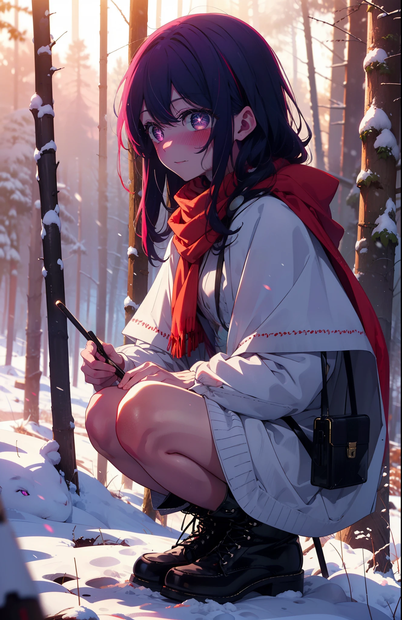 aihoshino, Ai Hoshino, Long Hair, bangs, (Purple eyes:1.1), Purple Hair, (Symbol-shaped pupil:1.5), smile,,smile,blush,white breath,
Open your mouth,snow,Ground bonfire, Outdoor, boots, snowing, From the side, wood, suitcase, Cape, Blurred, , forest, White handbag, nature, Squat, Mouth closed, Cape, winter, Written boundary depth, Black shoes, red Cape break looking at viewer, Upper Body, whole body, break Outdoor, forest, nature, break (masterpiece:1.2), Highest quality, High resolution, unity 8k wallpaper, (shape:0.8), (Beautiful and beautiful eyes:1.6), Highly detailed face, Perfect lighting, Extremely detailed CG, (Perfect hands, Perfect Anatomy),