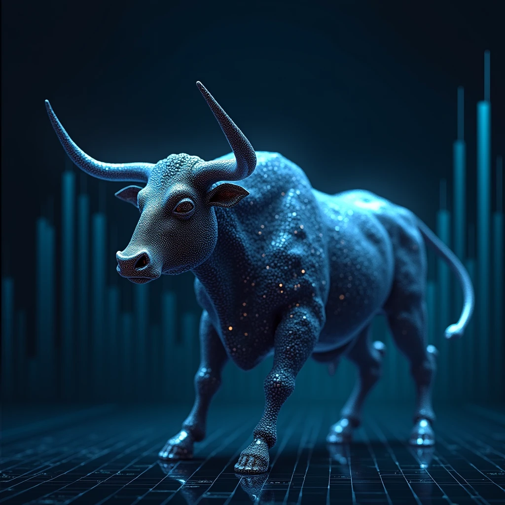 financial market bull with graph behind and artificial intelligence