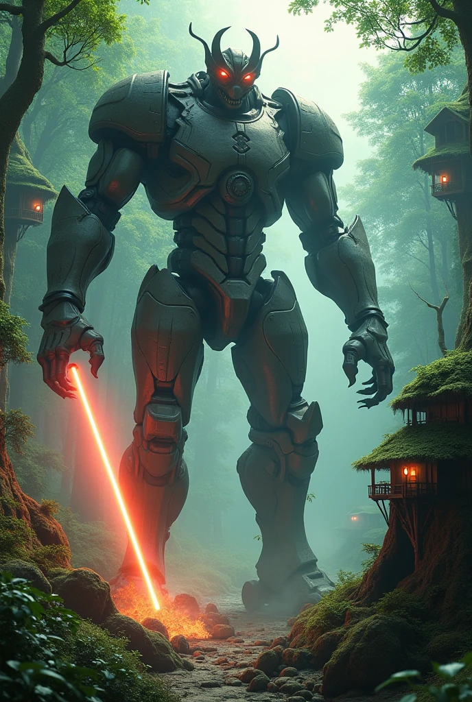 A demonic strong robot, with red eyes and is releasing laser from one of his hands. he is in front.
They are in a forest with some tree houses