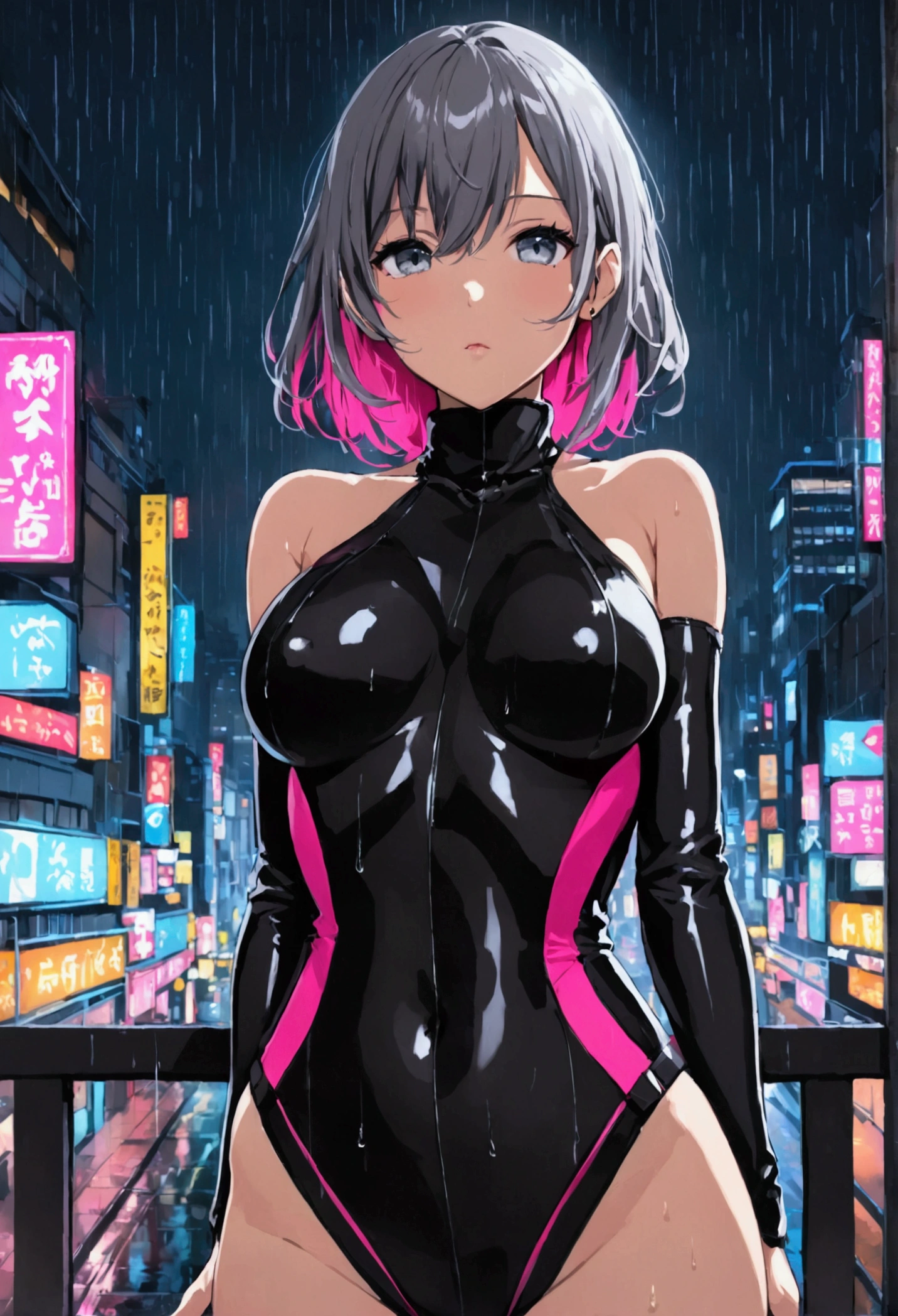 portrait, 1 girl, beautiful face, asymmetrical hair, multi-colored hair, belt, bodysuit, covered mouth, covered navel, detached sleeves, grey eyes, hip vent, open jacket, cute, look at viewer, night city, neon, rainy, open chest view of breast, open crotch revealing a messy creampie