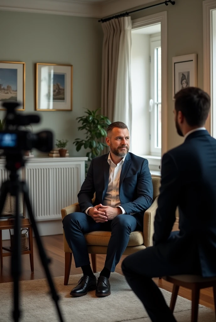 A professional man see in Camara in his room for video for youtube setting on chair in live stream