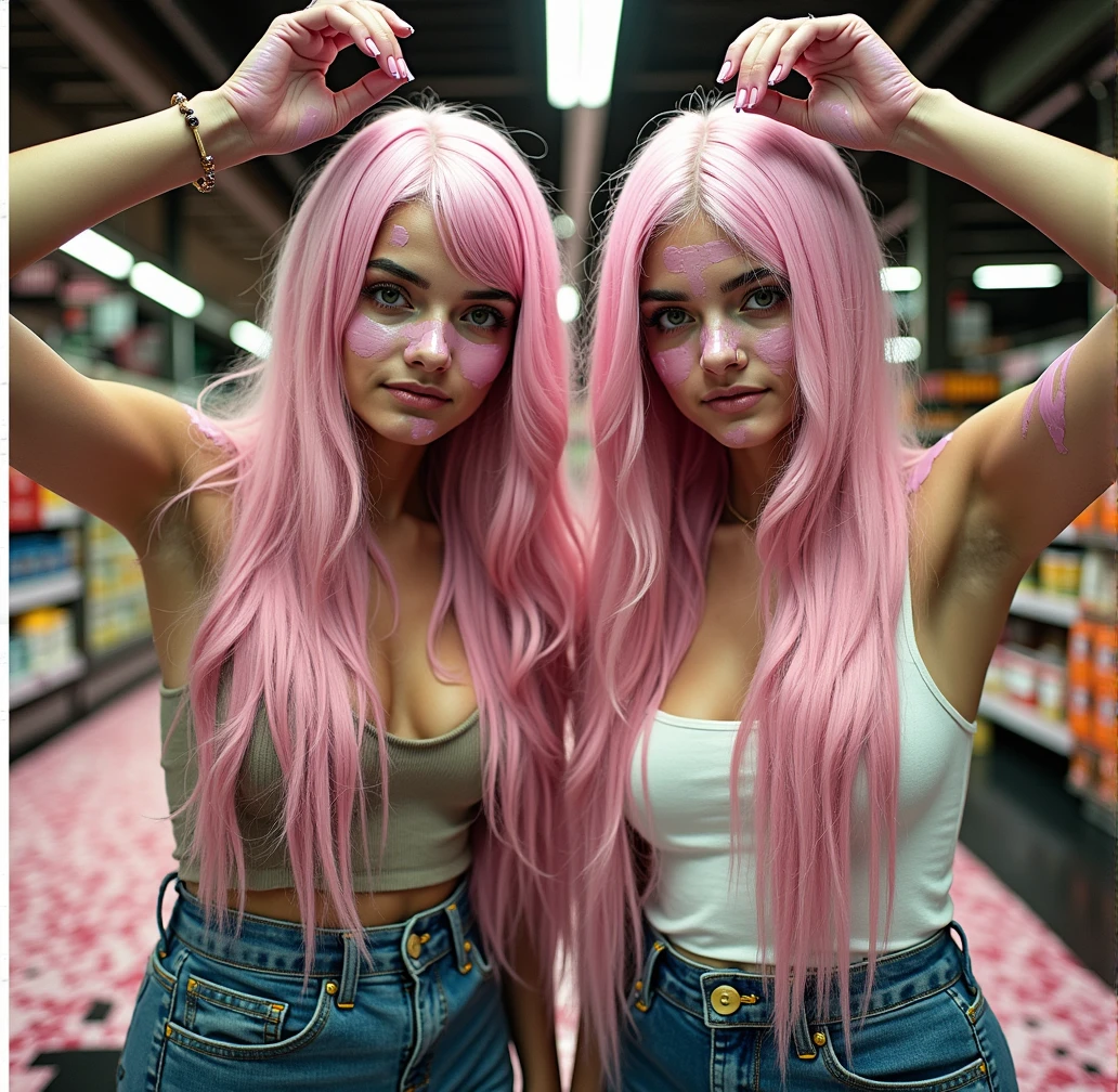 image featuring the two Italian girls nud, huge boobs in their twenties playfully covering their long straight voluminous brunette hair with gum paste, . The paste is sticky and covers their hair with an even more increased amount of paste on them and around the market!