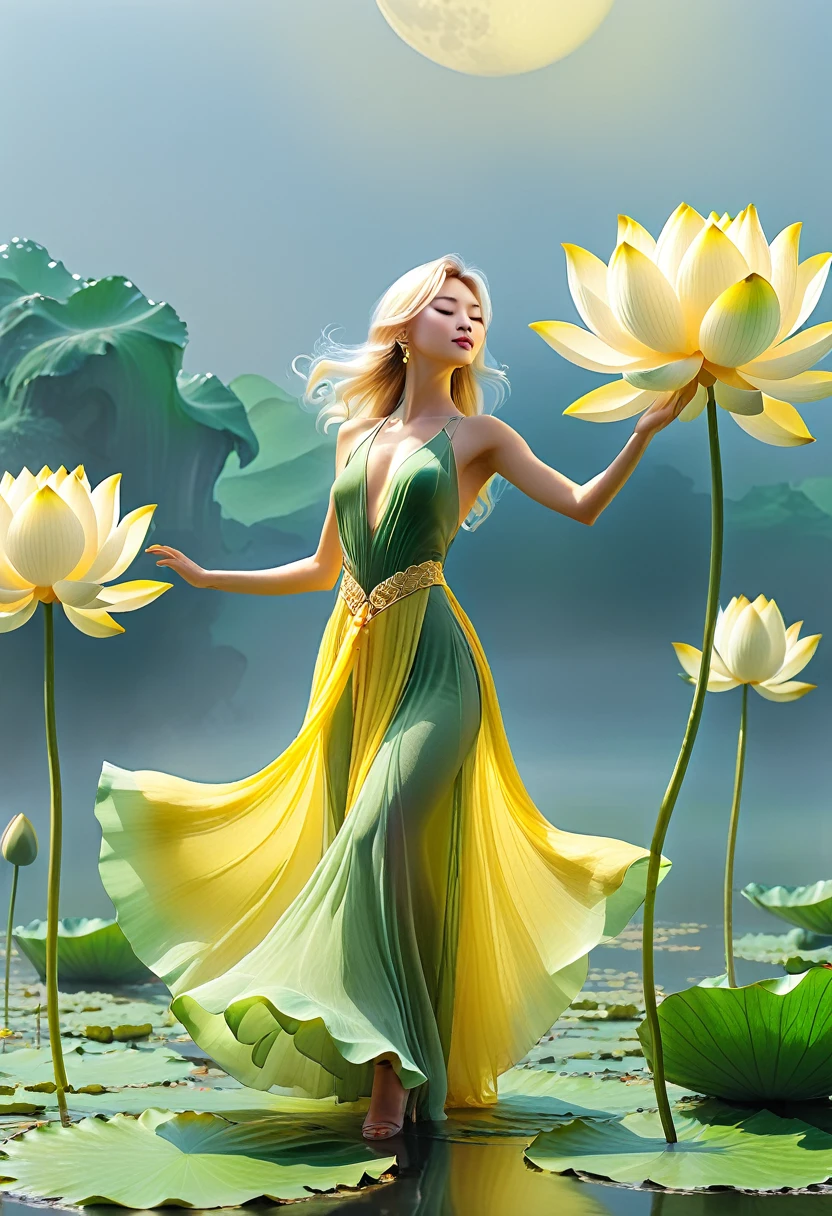 ((only one lotus leaf)),moon,Lake surface,gold,green,Vein,Glass texture、world,world谱world, Gradient translucent molten glass, caustic, clean,on a white background, image in profile, young girl, in a dance pose, beautiful body, blondes, Beautiful face, in a yellow, very wide gauze dress, veils of yellow-white lotus petals, neckline, develops, holding one giant yellow lotus in his hands, on a long stem, from the very feet, straight legs in stiletto heels, daylight, worldовой эффект, minimalist, elegant, pure pallor and tenderness, soft lighting, realistically, Smoke effect, Fog, pass-through)),masterpiece, atmospheric perspective, 8k, super detailing, accuracy, Best quality