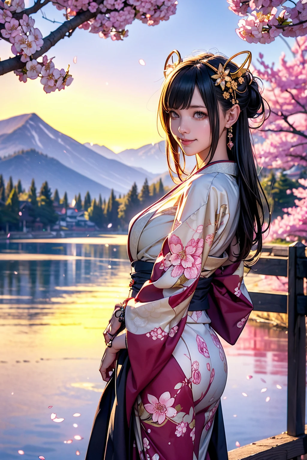 masterpiece, Highest quality, detailed, (One girl), alone, detailed golden eyes, Long Hair, Are standing, Close to the audience, (detailed kimono,Fusion with punk rock), A light smile, Medium chest, (Put your arms behind your back), water, sunrise, Halo, (hair ornaments), (Cherry blossoms bloom), Lake with snowy mountains in the background