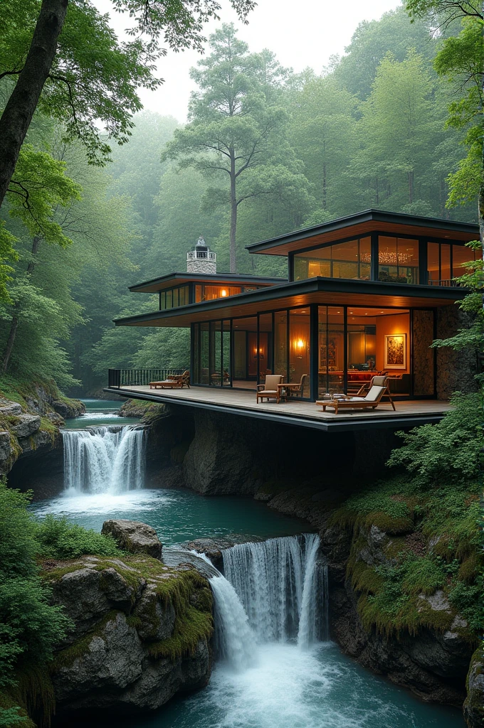 A moldern house next tô the wsterfls, in the Forest, by Frank Lloyd Wright, extreme longe short, 8k