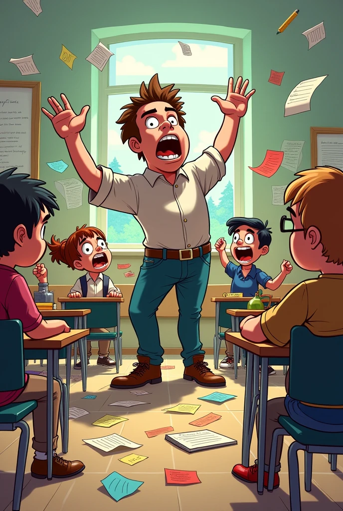 A comical scene with the herdman's in the middle of chaotic fire drill ,with teacher and students looking on in shock