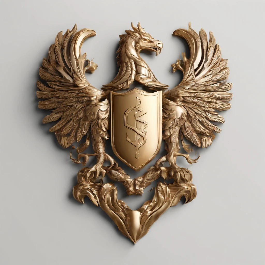 Make logo from this FONT ((G,S)), SWORD, WINGS, DRAGON, HAWK, BOLD, SHIELD, BANNER, a bold shield banner logo, intricate shield design, ornate banner, dark gold and light gold color scheme, heraldic emblem, striking emblem, elegant lettering, crisp lines, symmetrical composition, premium quality, 3D render, photorealistic, cinematic lighting, dramatic shadows, richly detailed