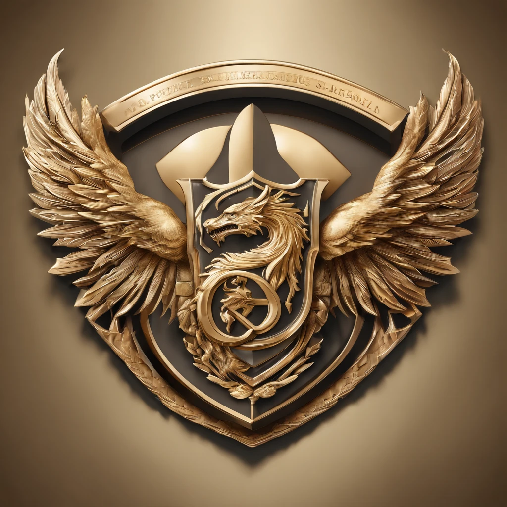 Make logo from this FONT ((G,S)), SWORD, WINGS, DRAGON, HAWK, BOLD, SHIELD, BANNER, a bold shield banner logo, intricate shield design, ornate banner, dark gold and light gold color scheme, heraldic emblem, striking emblem, elegant lettering, crisp lines, symmetrical composition, premium quality, 3D render, photorealistic, cinematic lighting, dramatic shadows, richly detailed