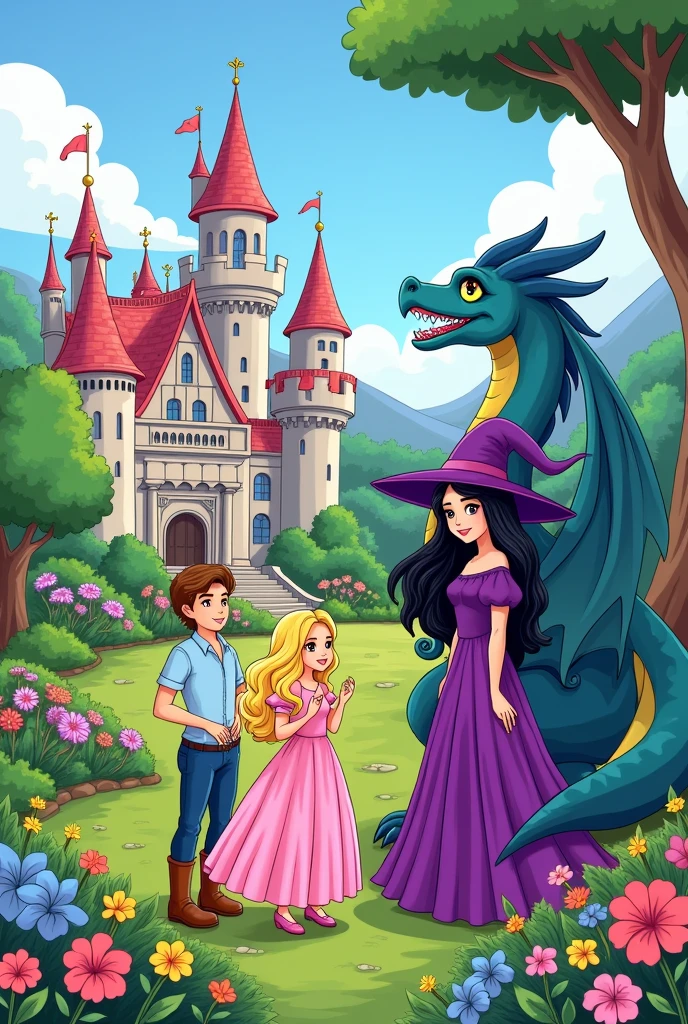 A castle with a garden, a princess with blonde hair and a pink dress, a prince with brown hair, a witch with black hair and a purple dress and a dragon. An easy drawing to color