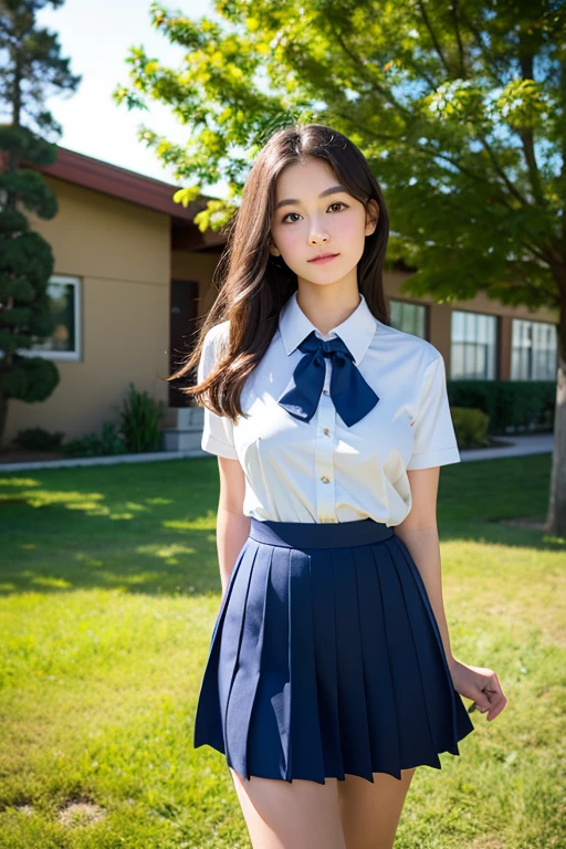 Realistic beautiful girl、Childishness、Large Breasts、Natural pose、High Detail、Photorealistic、low length、15 years old、School uniforms、Natural lighting、I can see the valley、Remove all the buttons