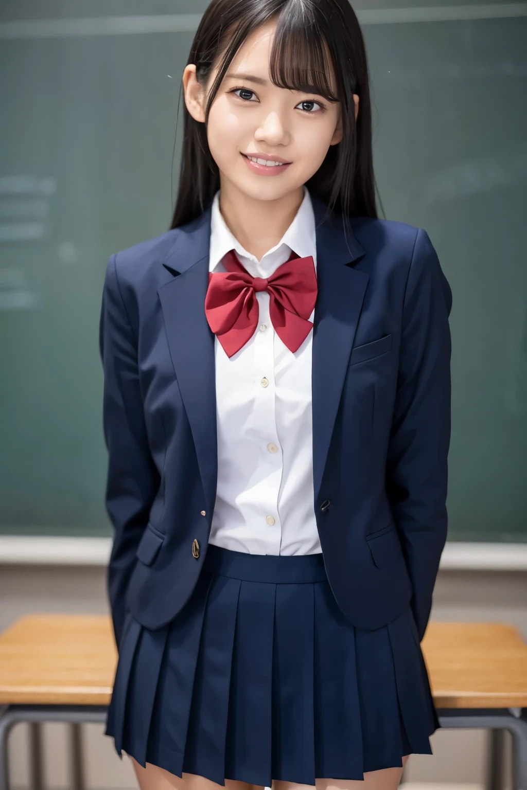 (Highest quality、Tabletop、8k、Best image quality、Award-winning works)、Cute school girl、(White polyester collared shirt:1.1)、(Red uniform bow tie on chest:1.1)、(Navy Pleated Skirt:1.1)、Girl portrait photography、Glowing Skin、Standing Elegantly、(Perfectly blurred school classroom background:1.1)、(Classroom large blackboard background:1.2)、smile、Smiling with beautiful teeth、(Face close-up:1.1)