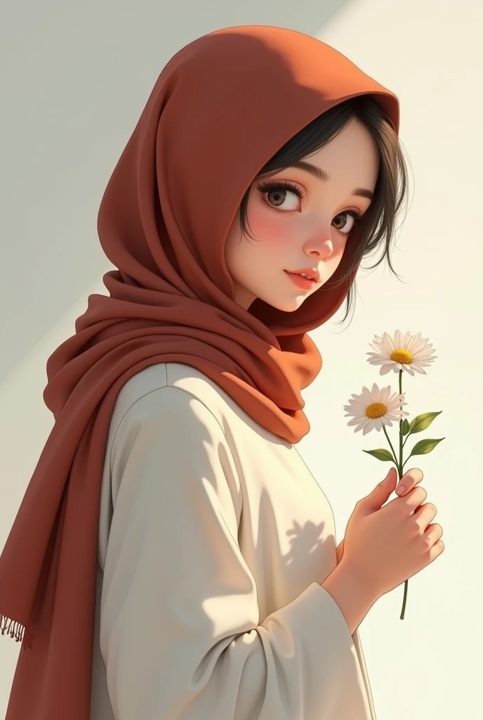 A girl wearing modest white dress with a rust brown hijab holding a flower looking back at us