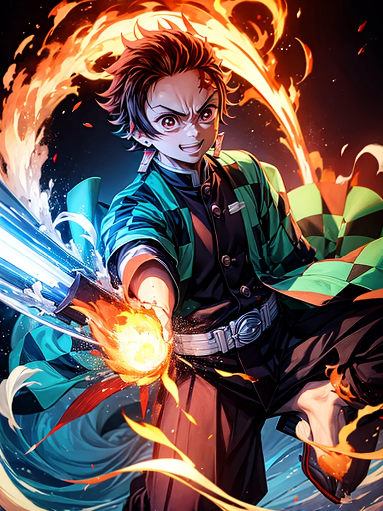 Boy (Tanjiro) using sword, fire coming from sword, happy look, 