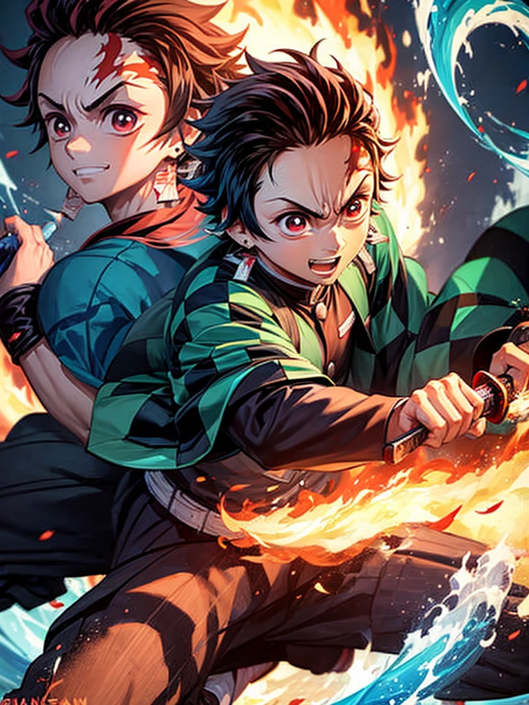 Boy (Tanjiro) using sword, fire coming from sword, happy look,