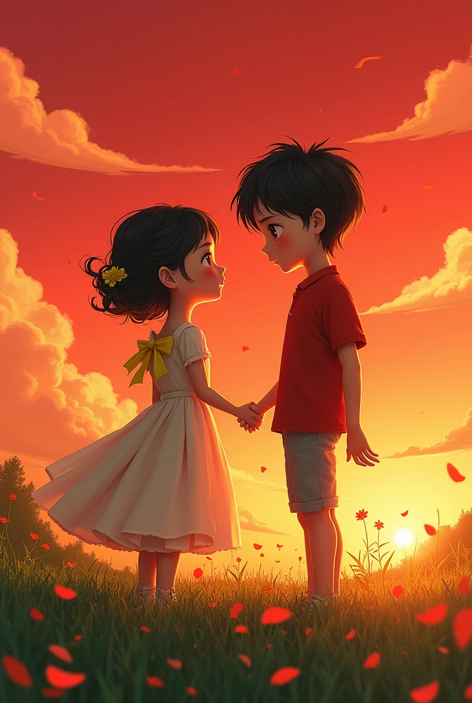 fanart; 1girl, 1boy, dress, outdoors, red sky, yellow bow,, ultra detailed