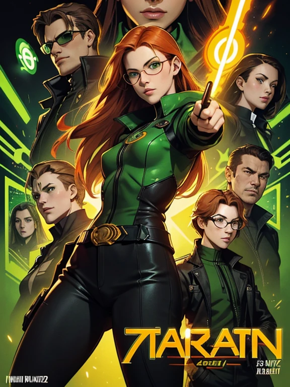 Poster for the film "Matrix, only 2 17 year old teenage characters in the image, pair, 1 green-eyed cute girl 17 years old with fiery orange hair and 1 brown-haired glasses 17 years old; Standing next to you, dynamic poses, "Matrix" background of green neon hieroglyphs flying down, ((only two characters)), cinematic lighting