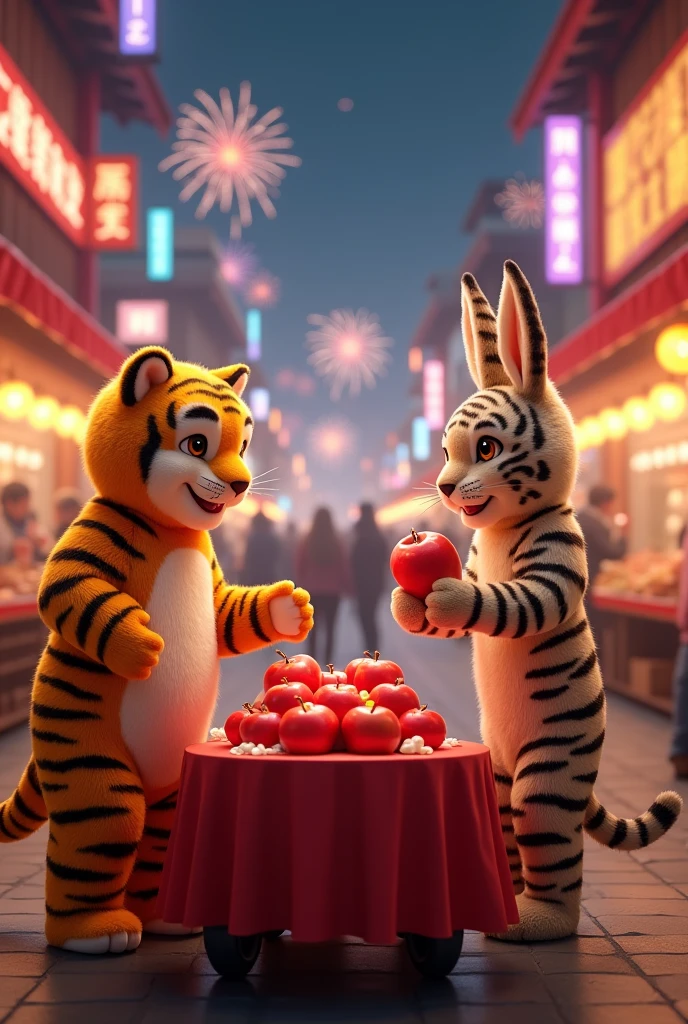 A person wearing tiger doll clothes,Selling apples on the busy streets,The sales table is full of Zhaotong Honglu apples.,A tiger is holding an apple and introducing it to a person wearing a bunny doll costume.,The streets full of fireworks,People doing various businesses,Stalls selling various snacks,Background is the city night scene,