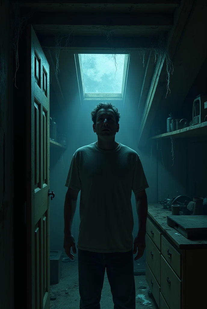 Same 36-year-old man listening to noise in fear in the attic