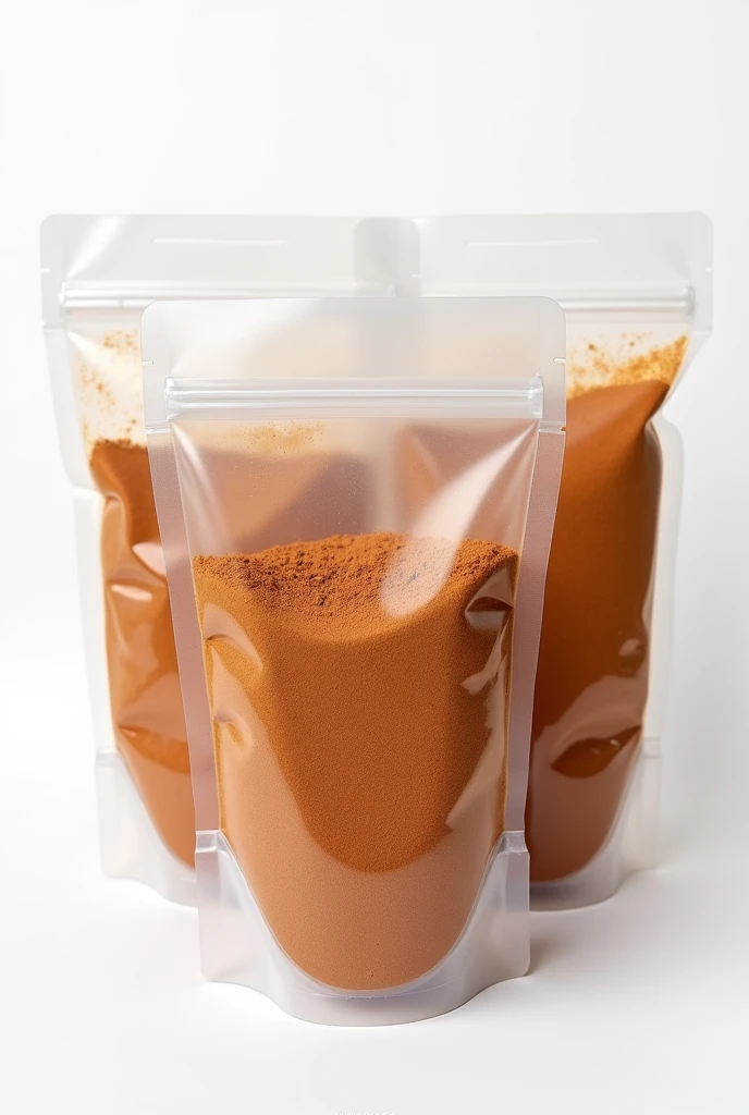 Multiple bags Cinnamon powder in transparent plastic bags with any sticker with white background 
