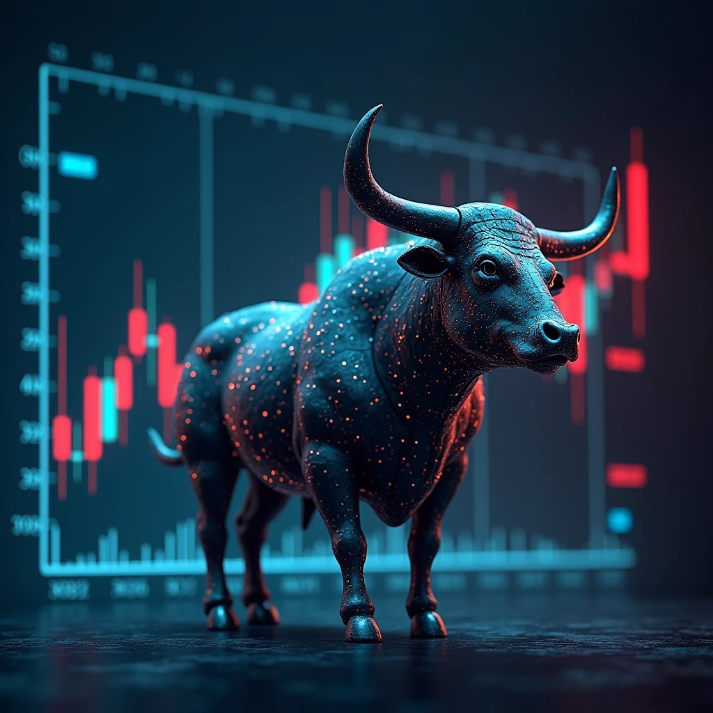 financial market bull with trader chart behind and artificial intelligence