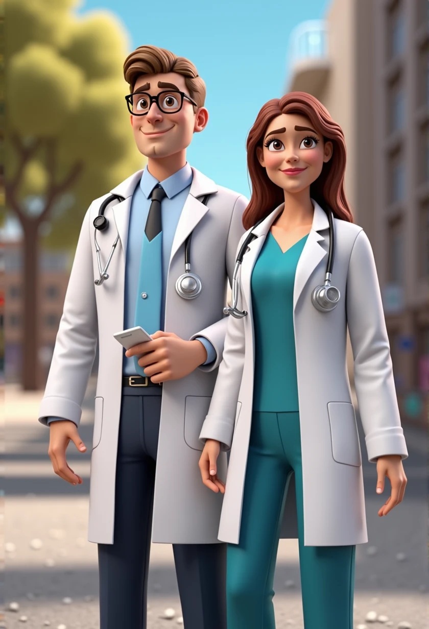 Cartoon Character Couple Of adult Doctors Wearing Lab Coat with tethoscope In A College and Raises the flag of Britain in hands at head level , an animated character, stylized character, animation style rendering, 3d stylized, , 3 d render stylized, toon render keyshot, 3d character, 3d character, 3d rendering stylized, 3 d character render, cartoon character, Personagem de close up, character posing, (Pixar-style) (bokeh) (best qualityer) (skin detailed) (detailed texture) (8k) (Argilla) (Cinematic lighting) (sharp focus,Sit down and lift your upper body