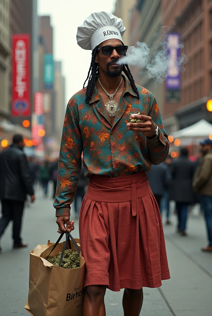 snoop dog smoking weed on fifth avenue in granny skirt and chef hat 