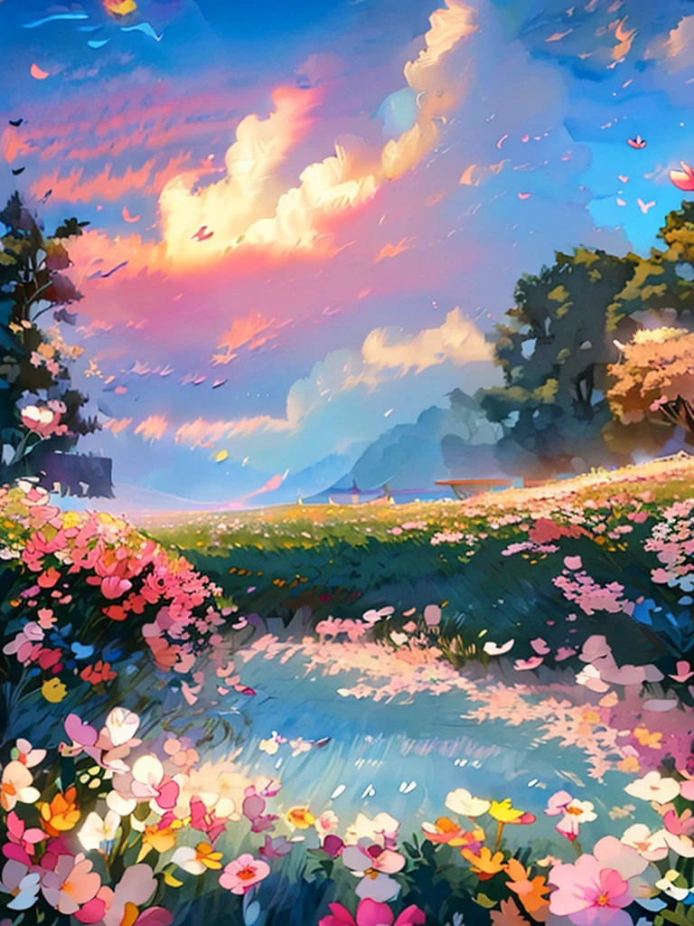 ((Highest quality)),(Ultra-high resolution),(Very detailed),(Detailed Description),((The best CG)),(masterpiece),Ultra-precise art,Amazing drawing art, colorful, Sea of Flowers, Colorful flowers, (cuteパステルカラー), ((Yellow Color)), (Orange color),(Light green),Bright World, (Zoom in on the petals), Holographic, Super detailed, Flower Field ,((No leaves)), (((No people))), Beautiful Anime,rainbow,colorful, Anime Fantasy,cute,(Watercolor:1.3)、(kaleidoscope:1.2)、Light Mixing、Beautiful and delicate,  8k detailed high quality Fantasy art, Flower Fieldの背景,Fantasy art, Beautiful n delicate, colorfulなアートワーク, Detailed Background,(Petals flutter:1.4)、beautiful flower々、Lots of flowers、colorfulな色彩、Peepland、Awareness-raising、milky way、Shining Star々、Wet、Sparkling、、Highest quality、Fantasy、, colorfulな色彩、(kaleidoscope:1.2)、Very detailedな, moving composition, Rich colors、