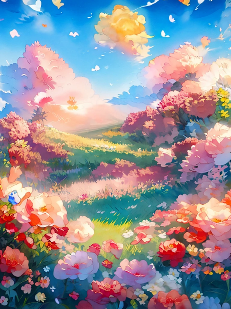 ((Highest quality)),(Ultra-high resolution),(Very detailed),(Detailed Description),((The best CG)),(masterpiece),Ultra-precise art,Amazing drawing art, colorful, Sea of Flowers, Colorful flowers, (cuteパステルカラー), ((Yellow Color)), (Orange color),(Light green),Bright World, (Zoom in on the petals), Holographic, Super detailed, Flower Field ,((No leaves)), (((No people))), Beautiful Anime,rainbow,colorful, Anime Fantasy,cute,(Watercolor:1.3)、(kaleidoscope:1.2)、Light Mixing、Beautiful and delicate,  8k detailed high quality Fantasy art, Flower Fieldの背景,Fantasy art, Beautiful n delicate, colorfulなアートワーク, Detailed Background,(Petals flutter:1.4)、beautiful flower々、Lots of flowers、colorfulな色彩、Peepland、Awareness-raising、milky way、Shining Star々、Wet、Sparkling、、Highest quality、Fantasy、, colorfulな色彩、(kaleidoscope:1.2)、Very detailedな, moving composition, Rich colors、