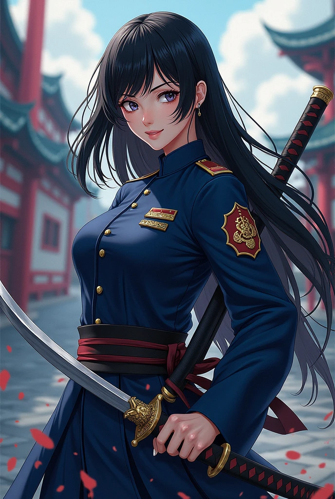 Demon Slayer character with long black hair, that her uniform is navy blue and that she has a katana and that she is a woman 
