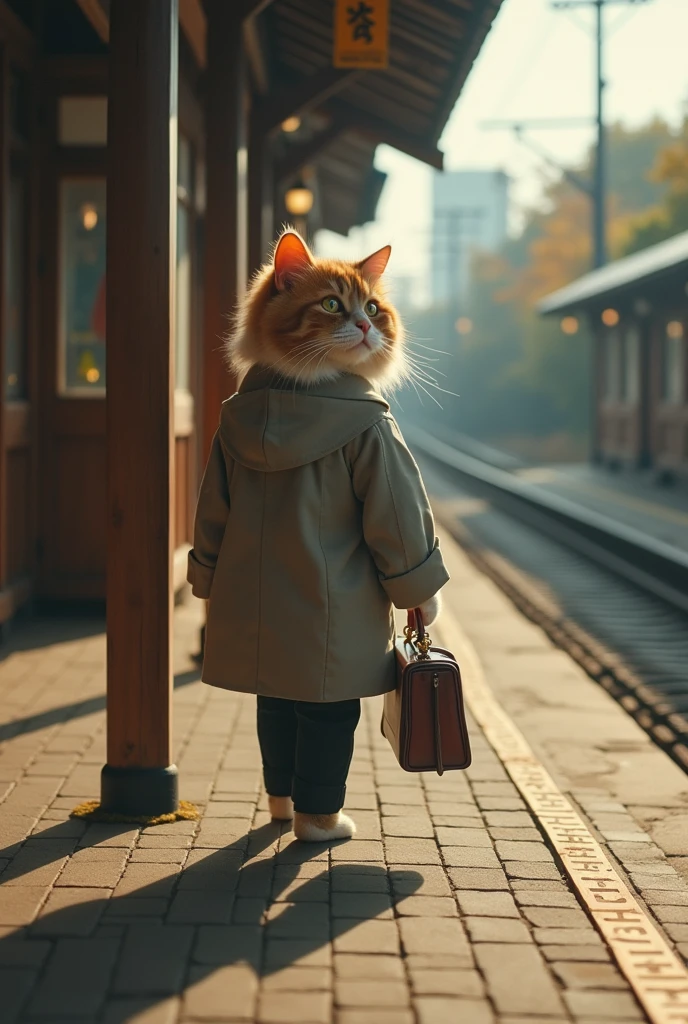 35mm lens，Multiple angles，Back，side，silhouette，Overhead shot，Cat，Standing，doll，Carrying a small school bag，tram，Hokkaido，Autumn Station，Wooden house，Platform， cloak,Ruan Jia,Suit,tie, (Delicate face), (Fine fluffy fur)，（35mm Cinema Lens），（Multi-angle shooting），（many viewing angles）