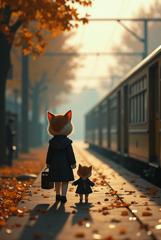 35mm lens，Multiple angles，Back，side，silhouette，Overhead shot，Cat，Standing，doll，Carrying a small school bag，tram，Hokkaido，Autumn Station，Wooden house，Platform， cloak,Ruan Jia,Suit,tie, (Delicate face), (Fine fluffy fur)，（35mm Cinema Lens），（Multi-angle shooting），（many viewing angles）