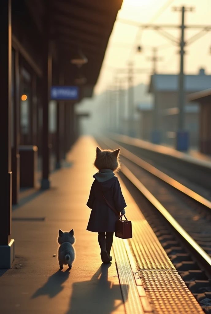35mm lens,Multiple angles,Back,side,silhouette,Overhead shot,Cat,Standing,doll,Carrying a small school bag,tram,Hokkaido,Autumn Station,Wooden house,Platform, cloak,Ruan Jia,Suit,tie, (Delicate face), (Fine fluffy fur),(35mm Cinema Lens),(Multi-angle shooting),(many viewing angles)