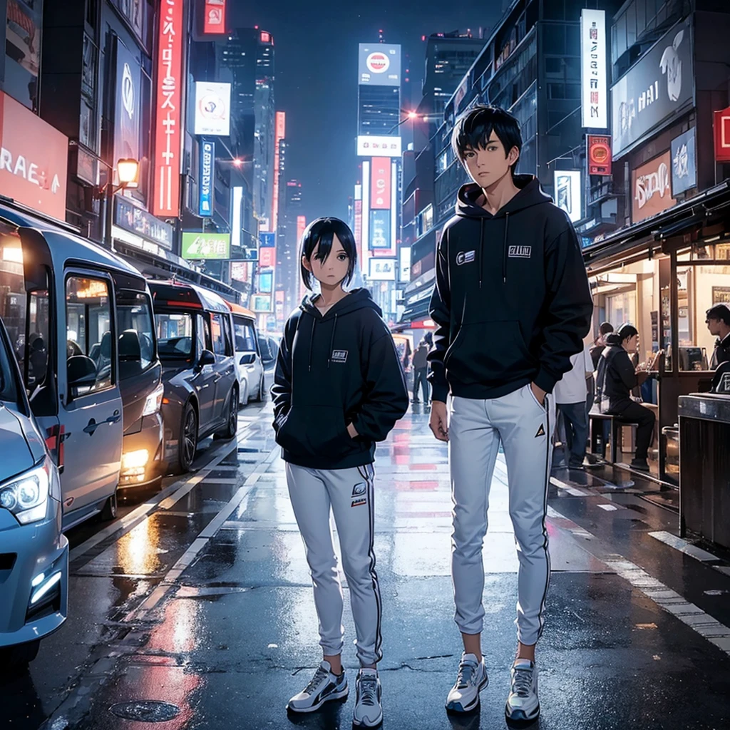 man, 1 person, Wear a dark blue hoodie., white tight transparent pants, black hair, blue eyes, Standing next to a Nissan GTR R-35., View of central Bangkok at night