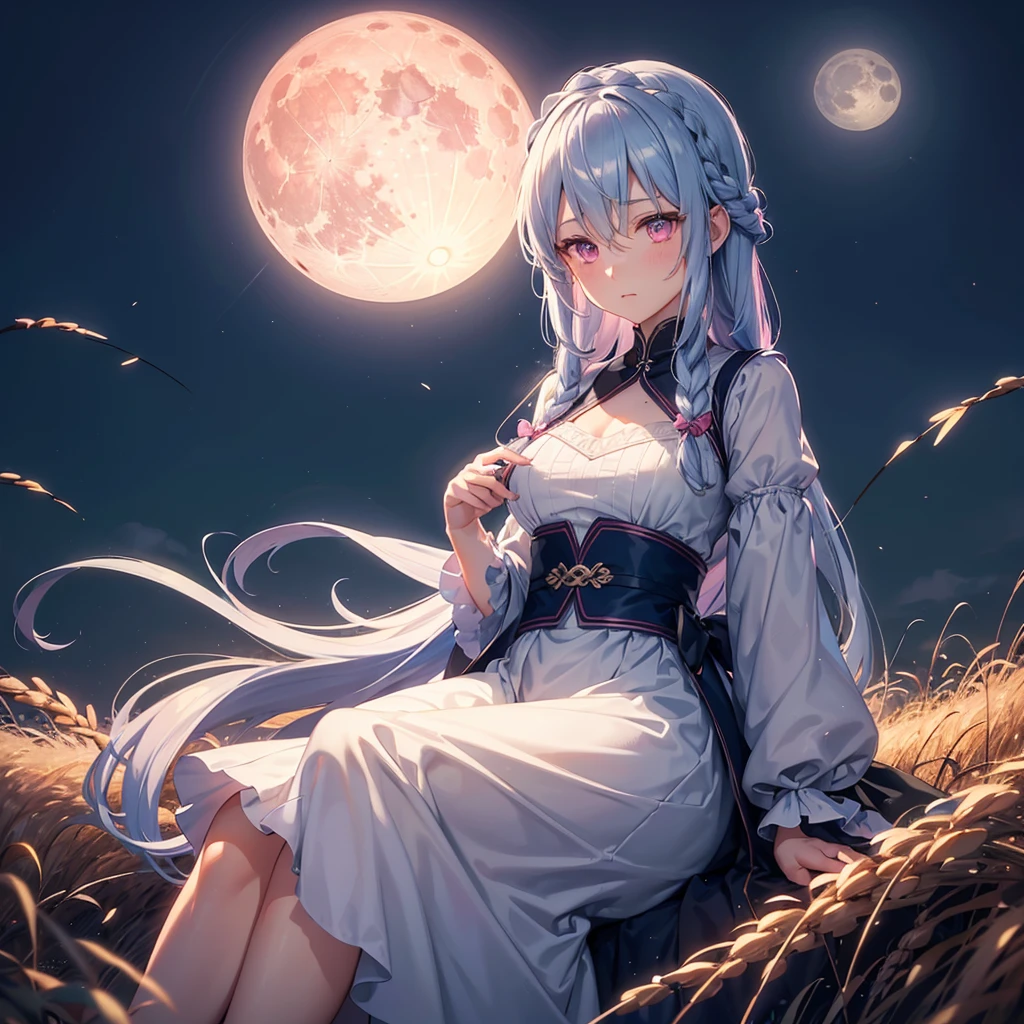 (Sky blue braided medium length hair), (Pink eyes),Fair skin) ,(whole body),(One Girl),(harvest moon),(A large amount of Miscanthus sinensis in the background),(full moon),(masterpiece, Highest quality, Very detailed, Best Shadow), (Detailed Background), (Beautifully detailed face), High Contrast, (Best lighting, Very delicate and beautiful), ((Cinematic Light)), Hyper Detail,8k, Dramatic Light, Intricate details,(sitting down to eat rice dumplings)