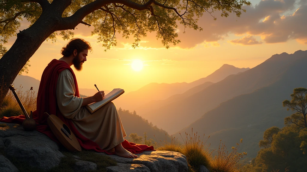"Imagine a serene scene in a mountainous landscape, with King David sitting on a rock under the shade of a leafy tree. He is concentrated, writing on parchment with a quill, surrounded by musical instruments, like a harp and a lute. The setting sun casts a golden light on him, symbolizing divine inspiration. Ao fundo, a starry sky begins to appear, reflecting the depth of his feelings and the beauty of his psalms. David's expression is one of reflection and serenity, as he connects with God through his words."