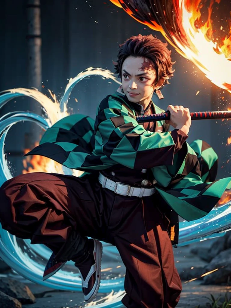 Boy (Tanjiro) using sword, fire coming from sword, happy look, 